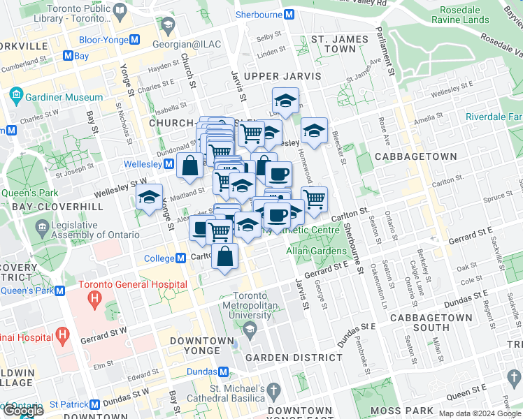 map of restaurants, bars, coffee shops, grocery stores, and more near in Toronto