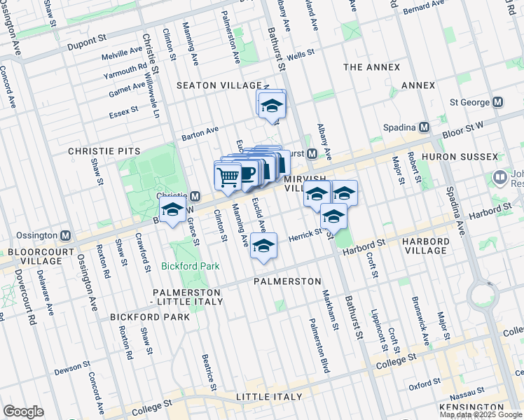 map of restaurants, bars, coffee shops, grocery stores, and more near 645 Bloor Street West in Toronto