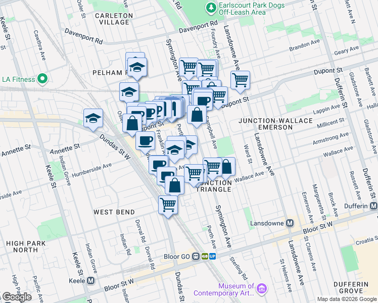 map of restaurants, bars, coffee shops, grocery stores, and more near 333 Perth Avenue in Toronto