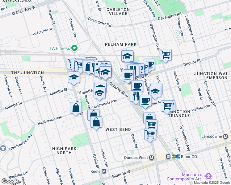 map of restaurants, bars, coffee shops, grocery stores, and more near in Toronto