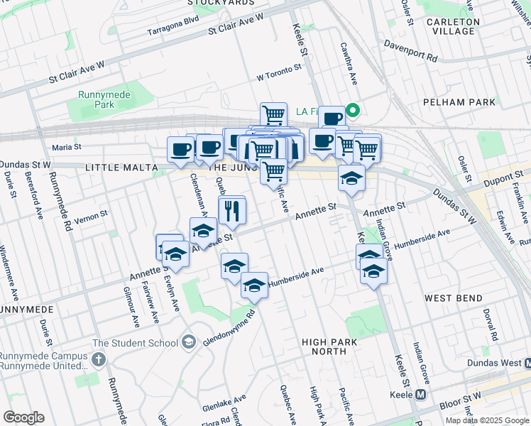 map of restaurants, bars, coffee shops, grocery stores, and more near in Toronto