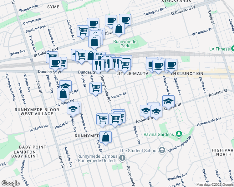 map of restaurants, bars, coffee shops, grocery stores, and more near in Toronto