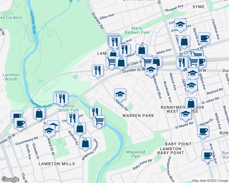 map of restaurants, bars, coffee shops, grocery stores, and more near in Toronto