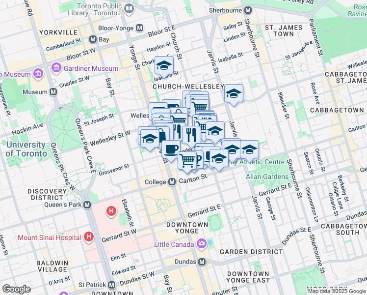 map of restaurants, bars, coffee shops, grocery stores, and more near 40 Alexander Street in Toronto