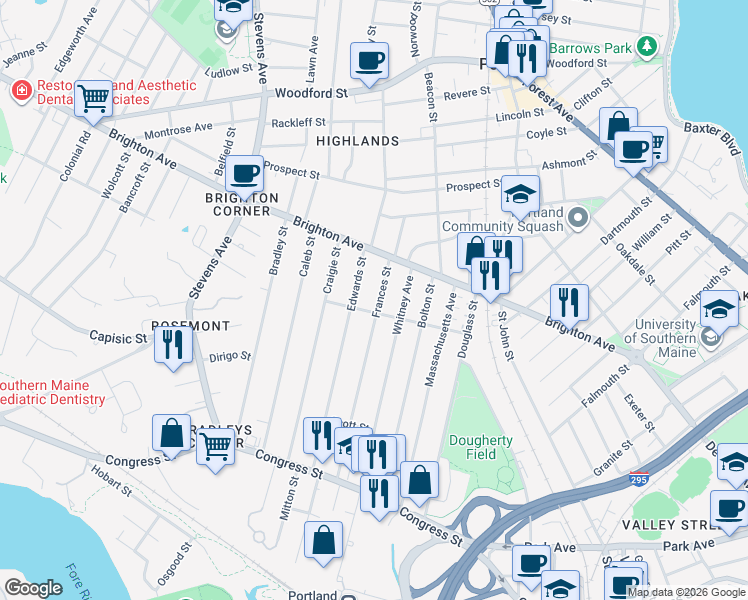 map of restaurants, bars, coffee shops, grocery stores, and more near 166 Frances Street in Portland