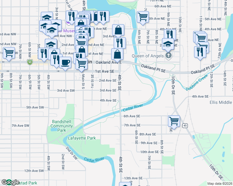 map of restaurants, bars, coffee shops, grocery stores, and more near 412 4th Street Southeast in Austin