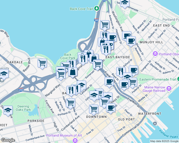 map of restaurants, bars, coffee shops, grocery stores, and more near 9 Somerset Street in Portland