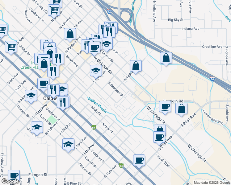 map of restaurants, bars, coffee shops, grocery stores, and more near 220 North 14th Avenue in Caldwell