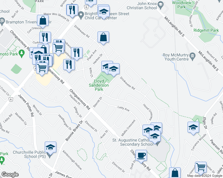 map of restaurants, bars, coffee shops, grocery stores, and more near 51 Troutbeck Crescent in Brampton