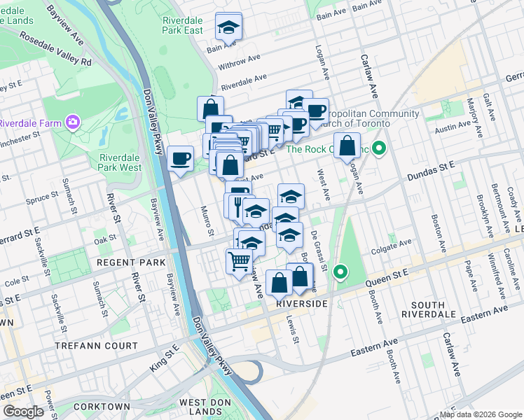 map of restaurants, bars, coffee shops, grocery stores, and more near 42 Allen Avenue in Toronto