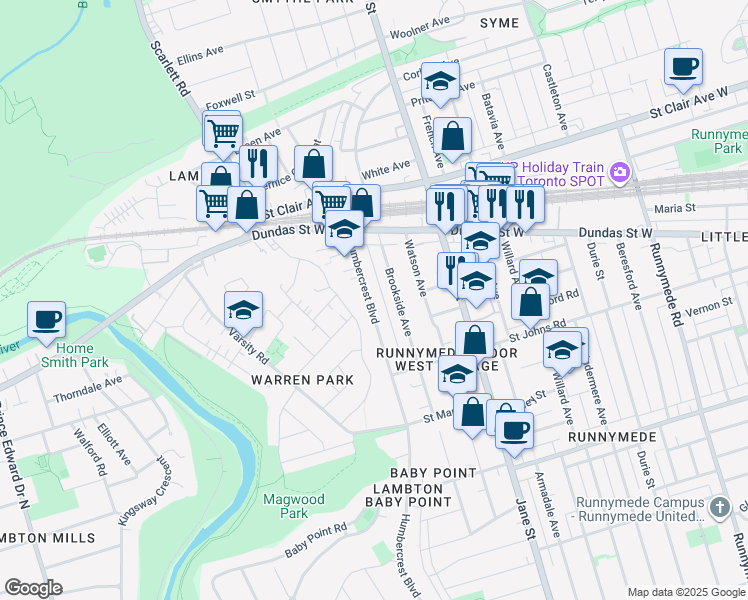 map of restaurants, bars, coffee shops, grocery stores, and more near 213 Humbercrest Boulevard in Toronto