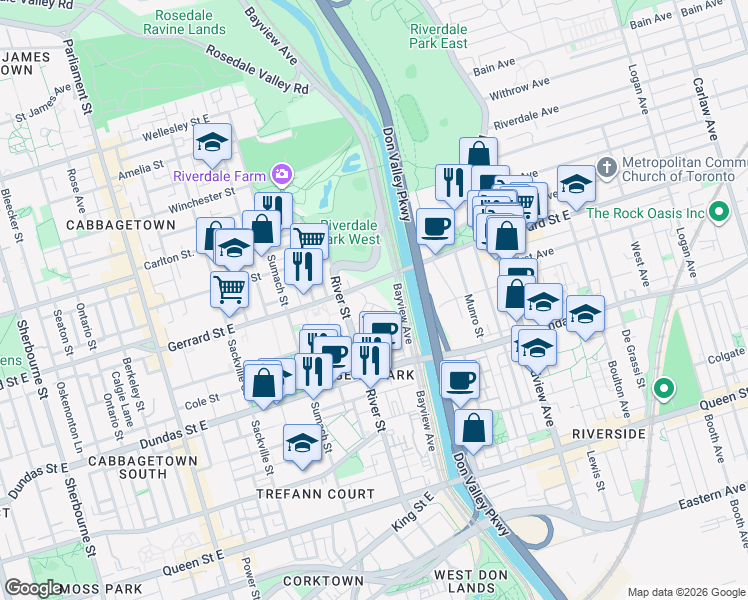 map of restaurants, bars, coffee shops, grocery stores, and more near 230 Oak Street in Toronto