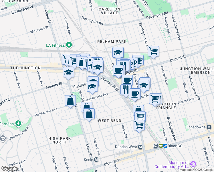 map of restaurants, bars, coffee shops, grocery stores, and more near 22 Brad Street in Toronto