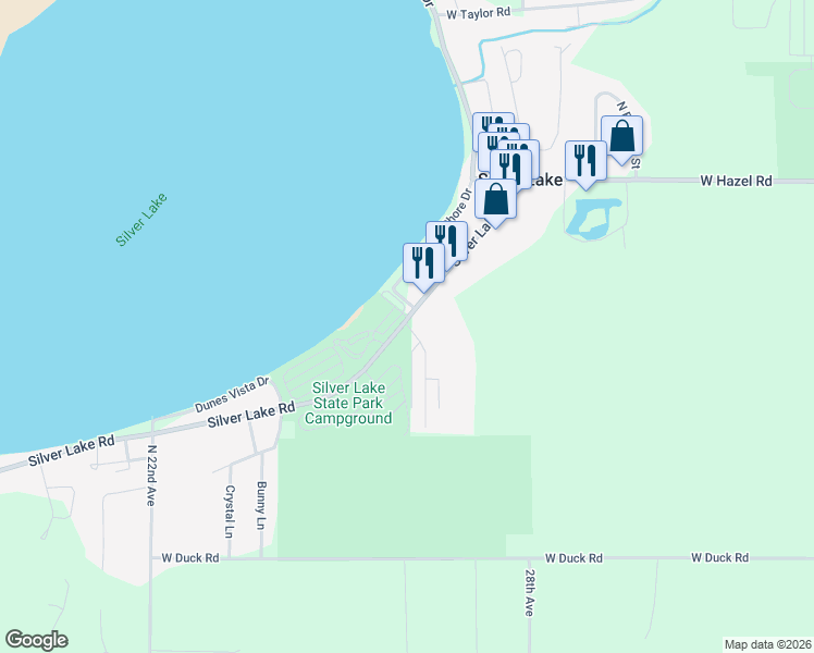map of restaurants, bars, coffee shops, grocery stores, and more near 8597 Silver Lake Road in Mears