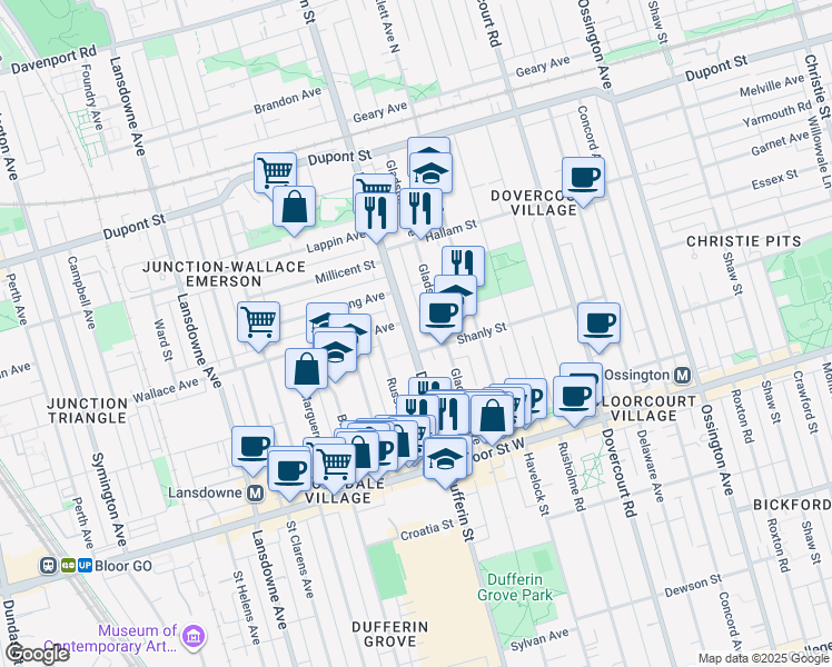 map of restaurants, bars, coffee shops, grocery stores, and more near 1133 Dufferin Street in Toronto