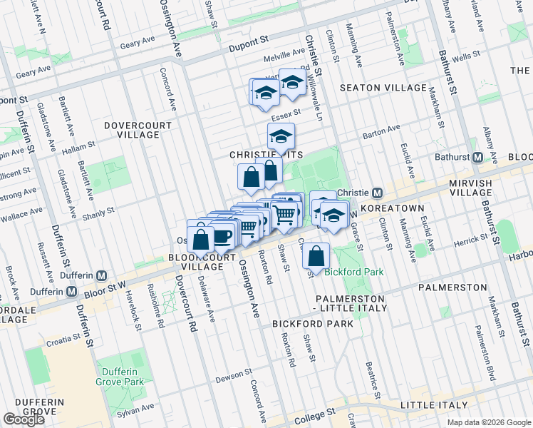 map of restaurants, bars, coffee shops, grocery stores, and more near 778 Shaw Street in Toronto