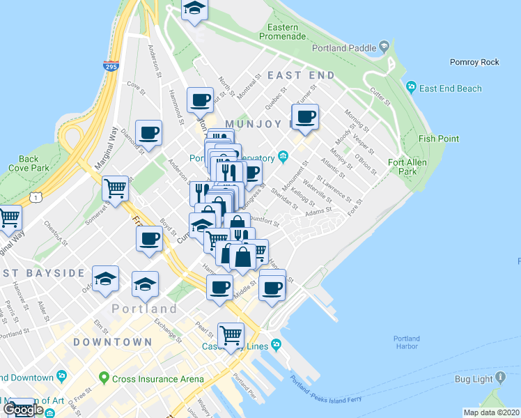 map of restaurants, bars, coffee shops, grocery stores, and more near 8 Ponce Street in Portland