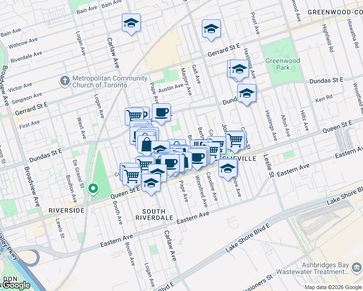 map of restaurants, bars, coffee shops, grocery stores, and more near 16 Blong Avenue in Toronto