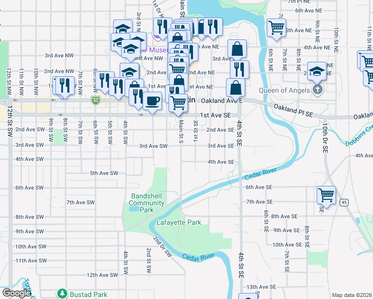 map of restaurants, bars, coffee shops, grocery stores, and more near 104 3rd Avenue Southeast in Austin