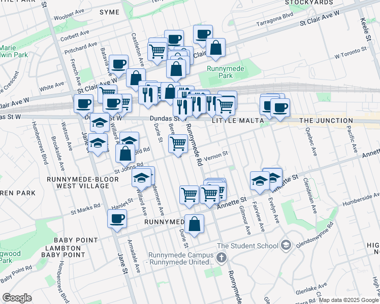 map of restaurants, bars, coffee shops, grocery stores, and more near 301 Saint Johns Road in Toronto