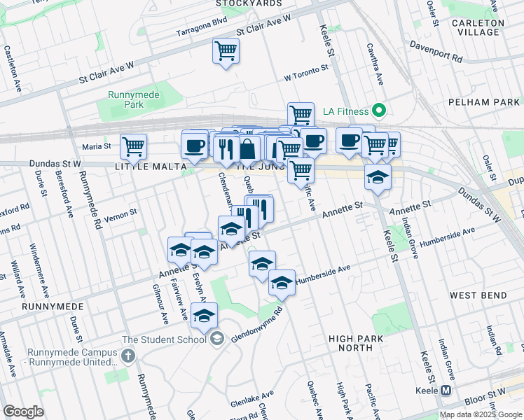 map of restaurants, bars, coffee shops, grocery stores, and more near 401 Quebec Avenue in Toronto