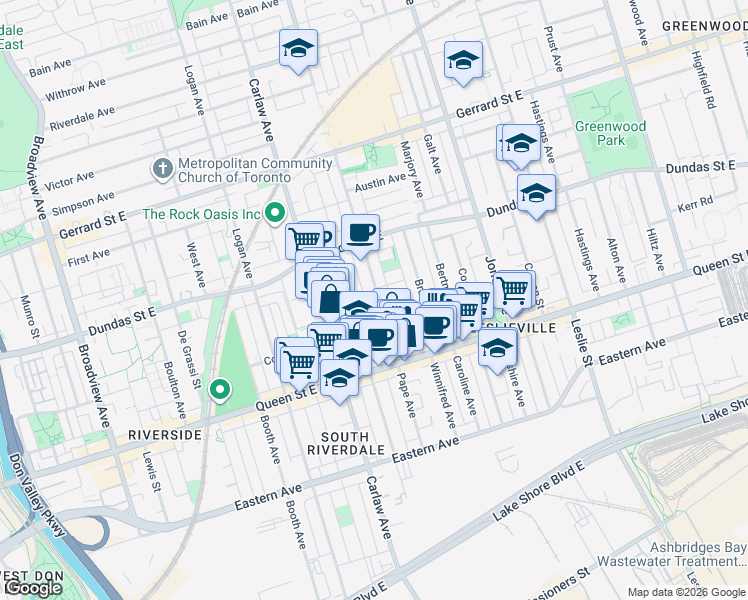 map of restaurants, bars, coffee shops, grocery stores, and more near 174 Pape Avenue in Toronto