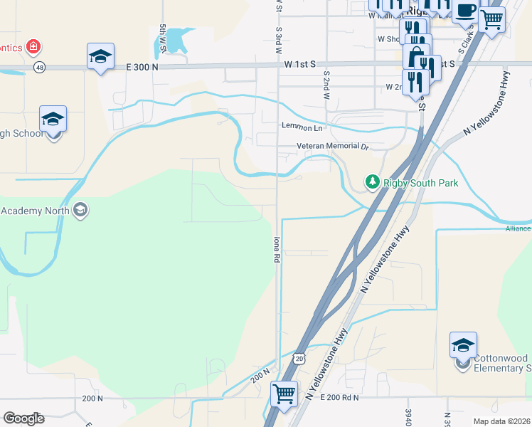 map of restaurants, bars, coffee shops, grocery stores, and more near 249 North 3900 East in Rigby