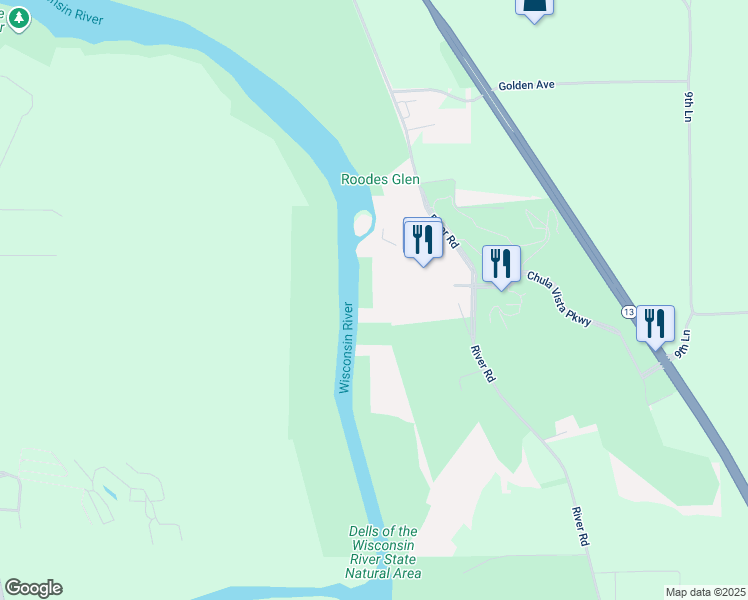 map of restaurants, bars, coffee shops, grocery stores, and more near 2411 River Road in Wisconsin Dells