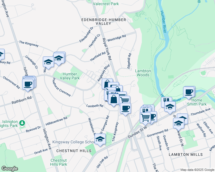 map of restaurants, bars, coffee shops, grocery stores, and more near 289 The Kingsway in Toronto