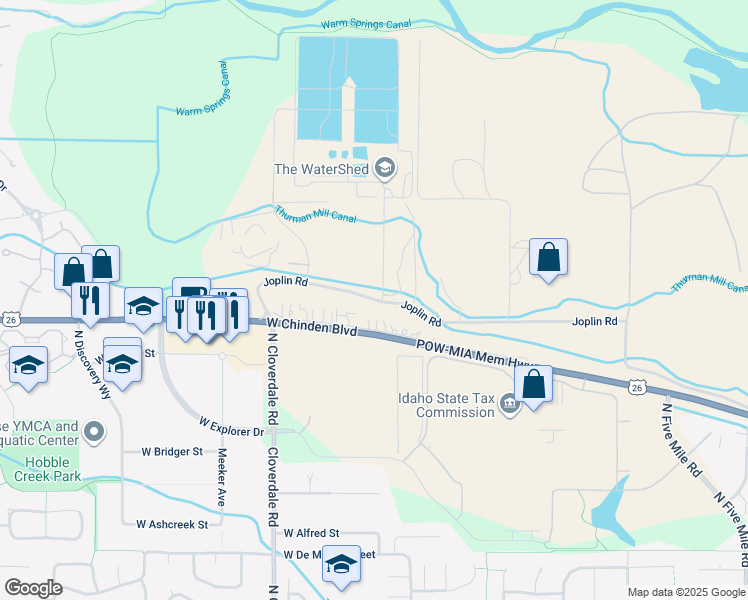 map of restaurants, bars, coffee shops, grocery stores, and more near 11818 Joplin Road in Boise
