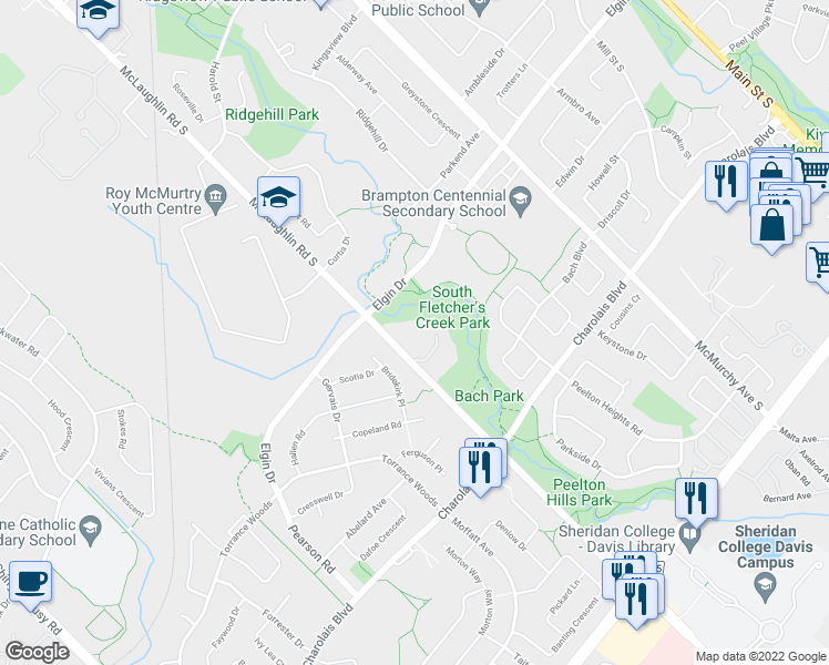 map of restaurants, bars, coffee shops, grocery stores, and more near 8351 McLaughlin Road in Brampton