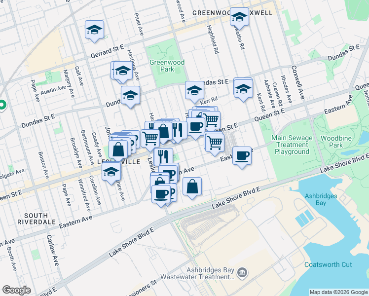 map of restaurants, bars, coffee shops, grocery stores, and more near 75 Laing Street in Toronto