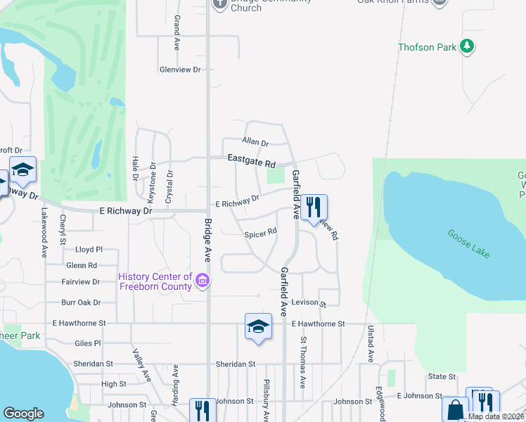 map of restaurants, bars, coffee shops, grocery stores, and more near 1017 Crestview Road in Albert Lea