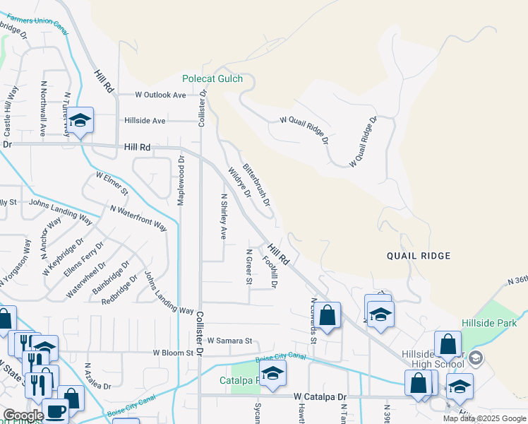 map of restaurants, bars, coffee shops, grocery stores, and more near 4790 Bitterbrush Drive in Boise