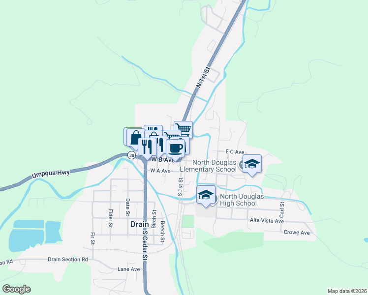 map of restaurants, bars, coffee shops, grocery stores, and more near 308 North 1st Street in Drain