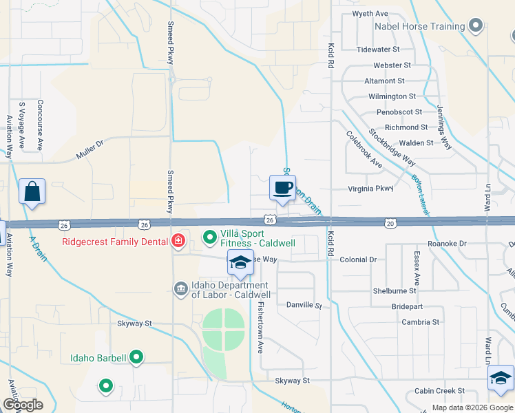 map of restaurants, bars, coffee shops, grocery stores, and more near 723 Borchers Lane in Caldwell