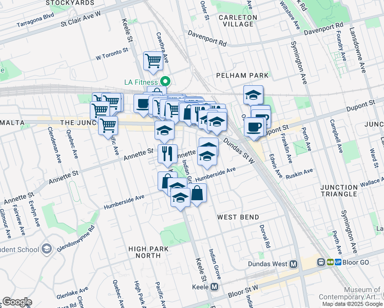 map of restaurants, bars, coffee shops, grocery stores, and more near 59 Annette Street in Toronto