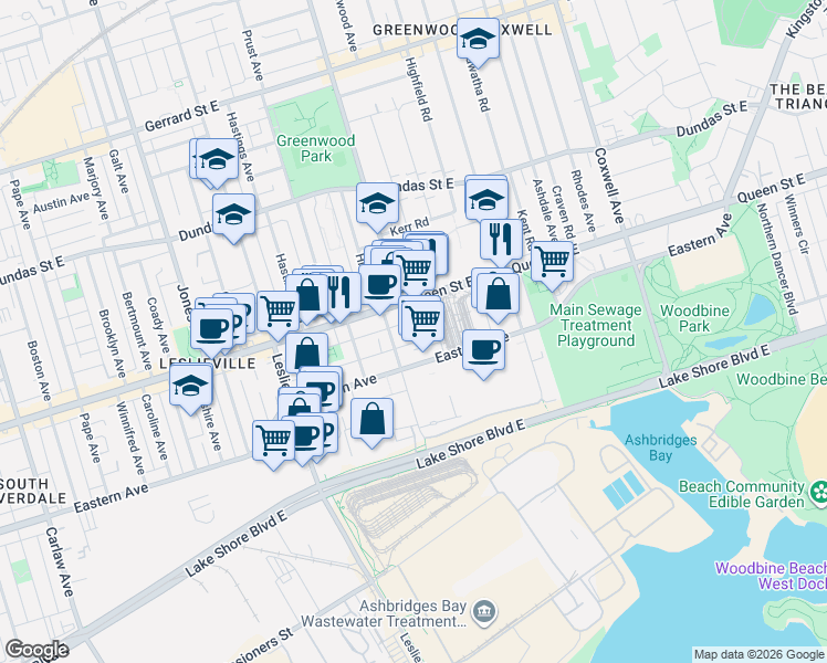map of restaurants, bars, coffee shops, grocery stores, and more near 6 Minto Street in Toronto