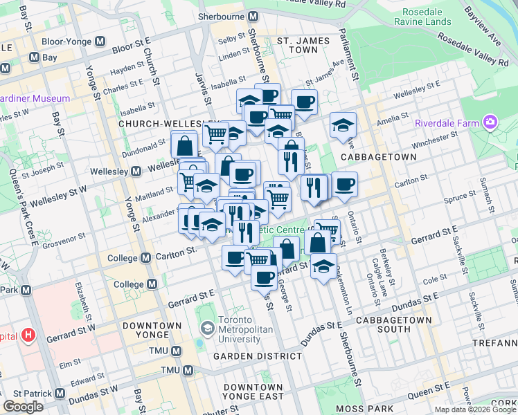 map of restaurants, bars, coffee shops, grocery stores, and more near 415 Jarvis Street in Toronto