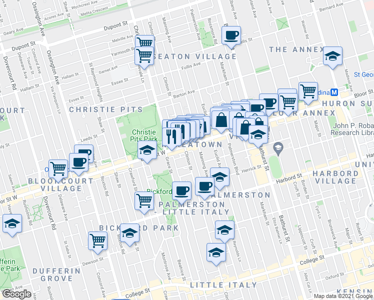 map of restaurants, bars, coffee shops, grocery stores, and more near in Toronto