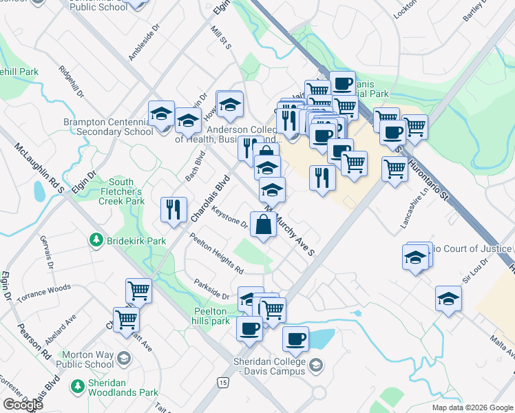 map of restaurants, bars, coffee shops, grocery stores, and more near 14 Smithers Crescent in Brampton