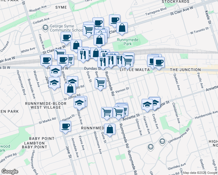 map of restaurants, bars, coffee shops, grocery stores, and more near 289 Saint Johns Road in Toronto