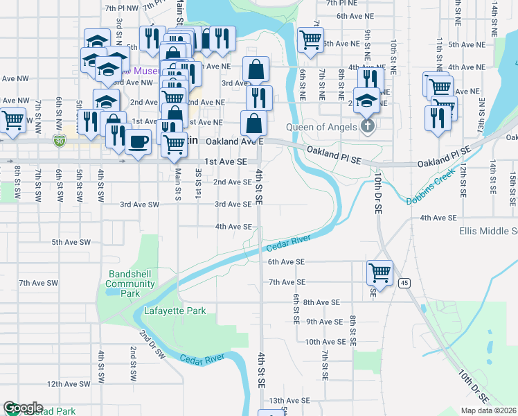 map of restaurants, bars, coffee shops, grocery stores, and more near 414 4th Street Southeast in Austin