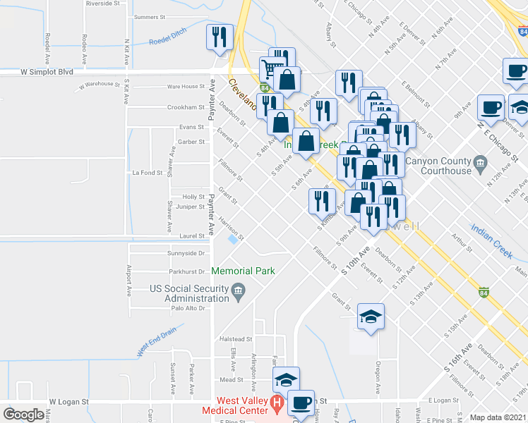 map of restaurants, bars, coffee shops, grocery stores, and more near 515 Grant Street in Caldwell