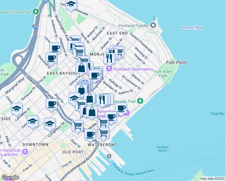 map of restaurants, bars, coffee shops, grocery stores, and more near 20 Sheridan Street in Portland