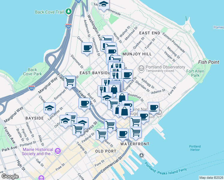 map of restaurants, bars, coffee shops, grocery stores, and more near 127 Cumberland Avenue in Portland