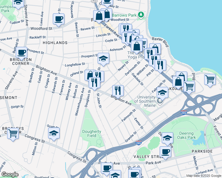 map of restaurants, bars, coffee shops, grocery stores, and more near 202 Dartmouth Street in Portland