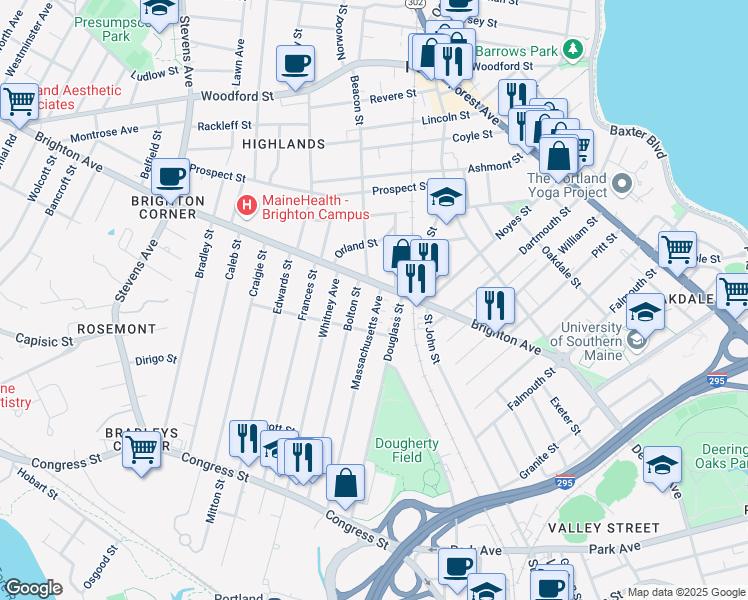 map of restaurants, bars, coffee shops, grocery stores, and more near 194 Massachusetts Avenue in Portland