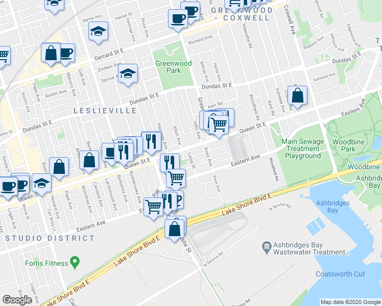 map of restaurants, bars, coffee shops, grocery stores, and more near in Toronto