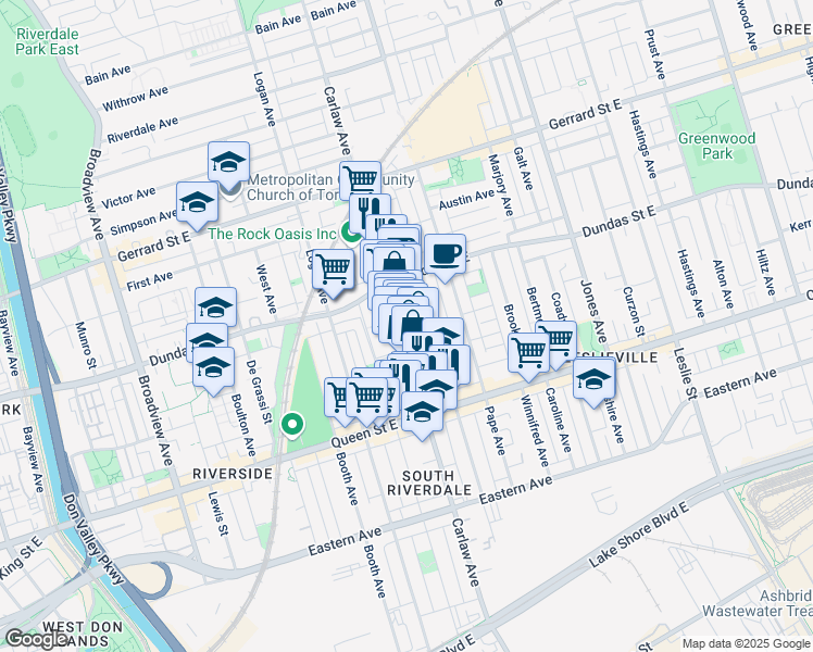 map of restaurants, bars, coffee shops, grocery stores, and more near 275 Carlaw Avenue in Toronto